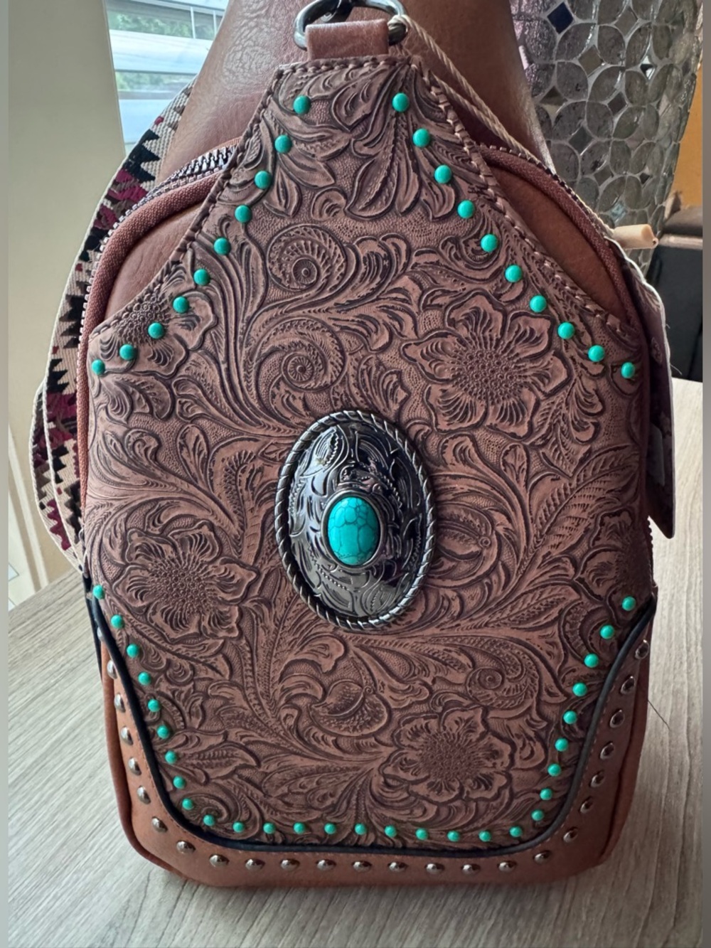 Sam & Hadley Brown Tooled Leather Crossbody Sling Bag with Turquoise Accents - Picture 4 of 12